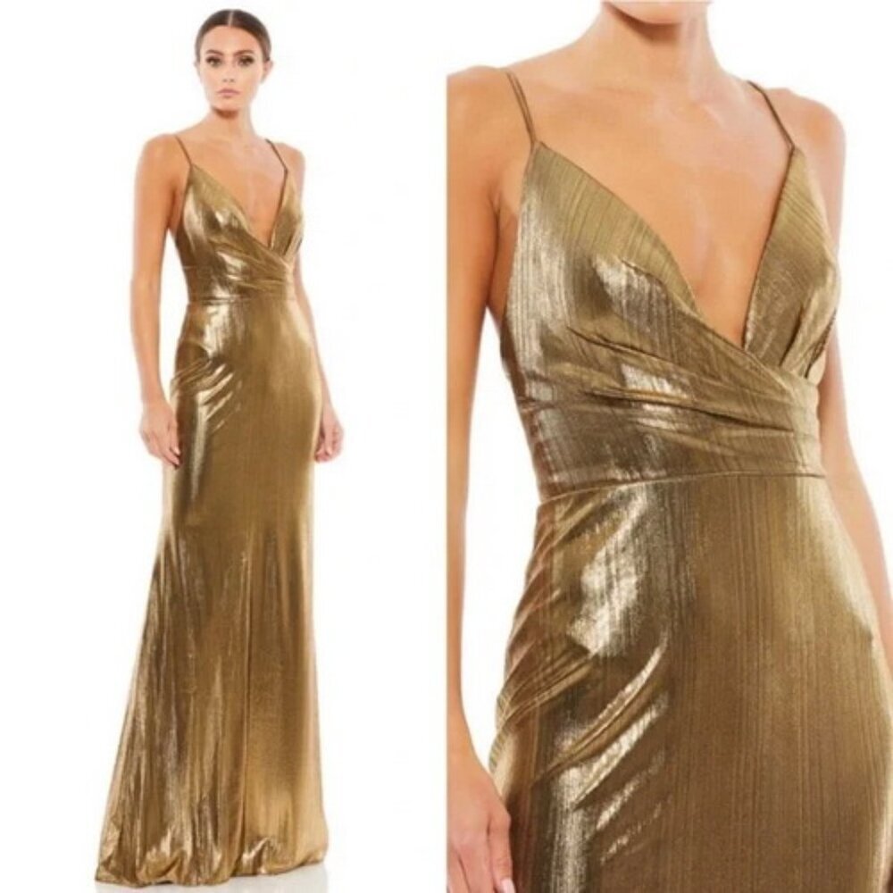 Ieena Mac Duggal Bronze Metallic Ruched Mermaid Gown